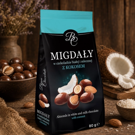 Migdały w czekoladzie mlecznej i białej z kokosem 80g